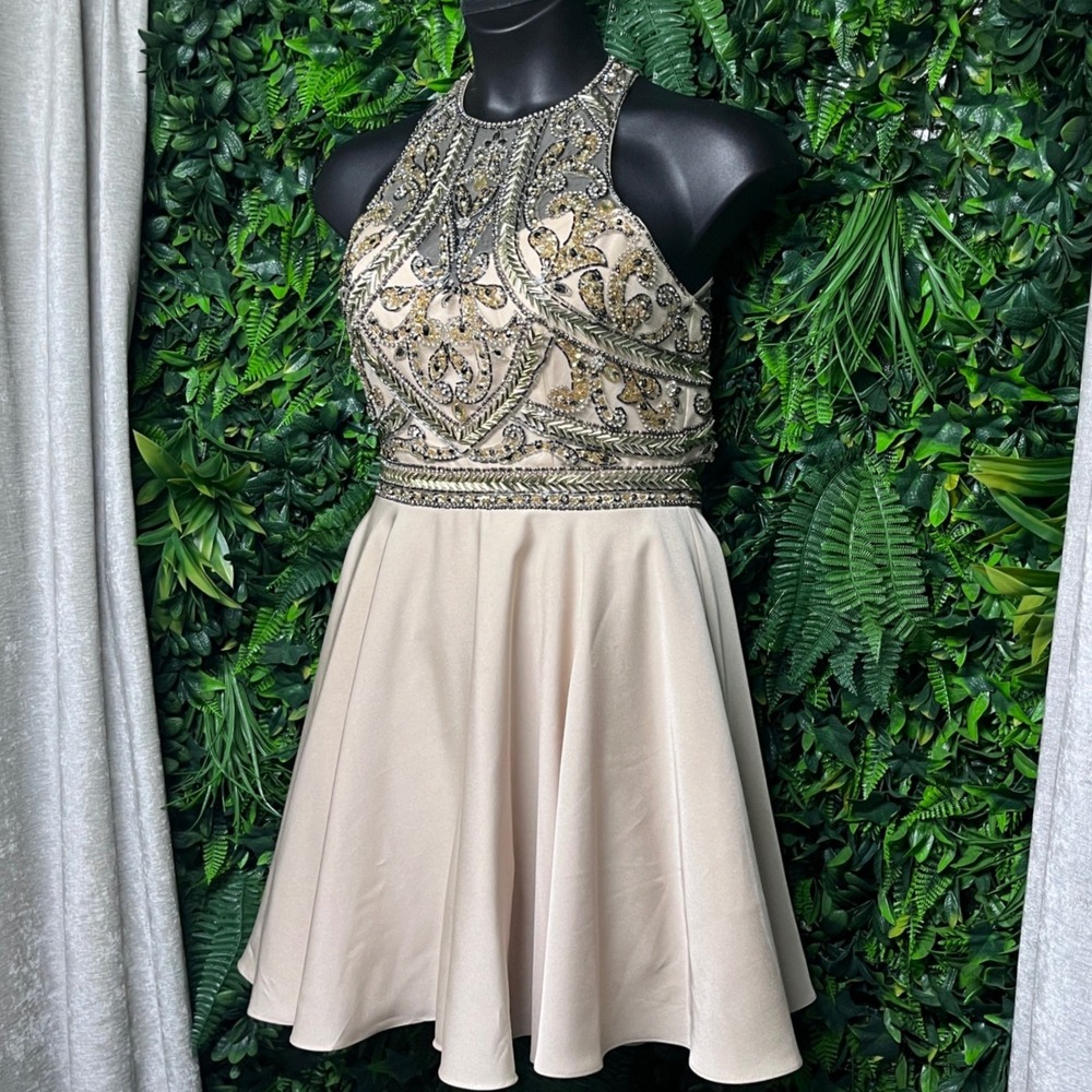 Morilee by Madeline Gardner Dress 12‎ Gold Beaded Halter Neck Cutout Back Formal